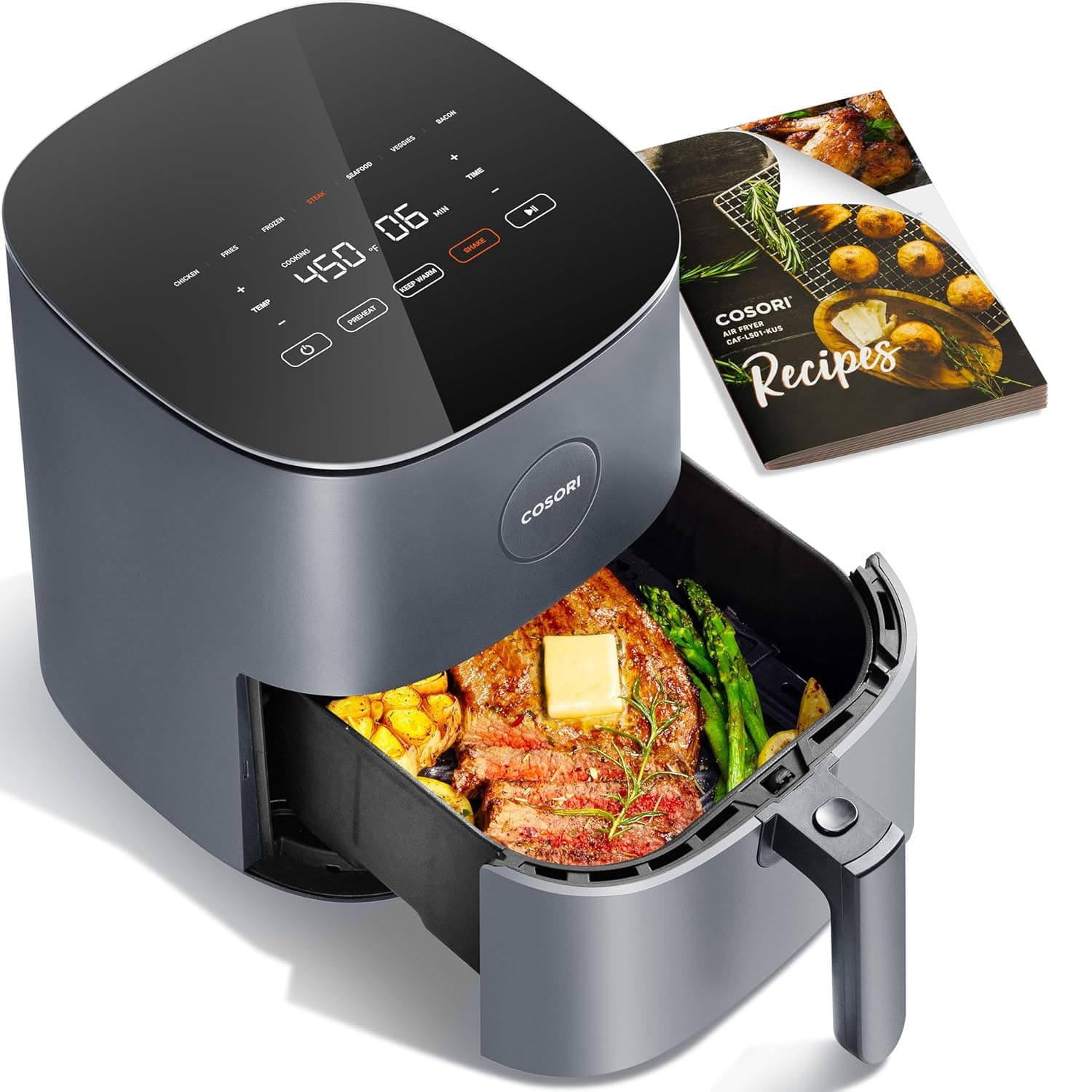 COSORI Air Fryer 5 QT (4.7 Litre) Black, 1500W Fast Cooking 9 Preset Menu, 30 Recipes Cookbook, Grill, Broil, Roast, Toast, Bake, Reheat, Defrost, Digital Touch Panel (CAF-L501)
