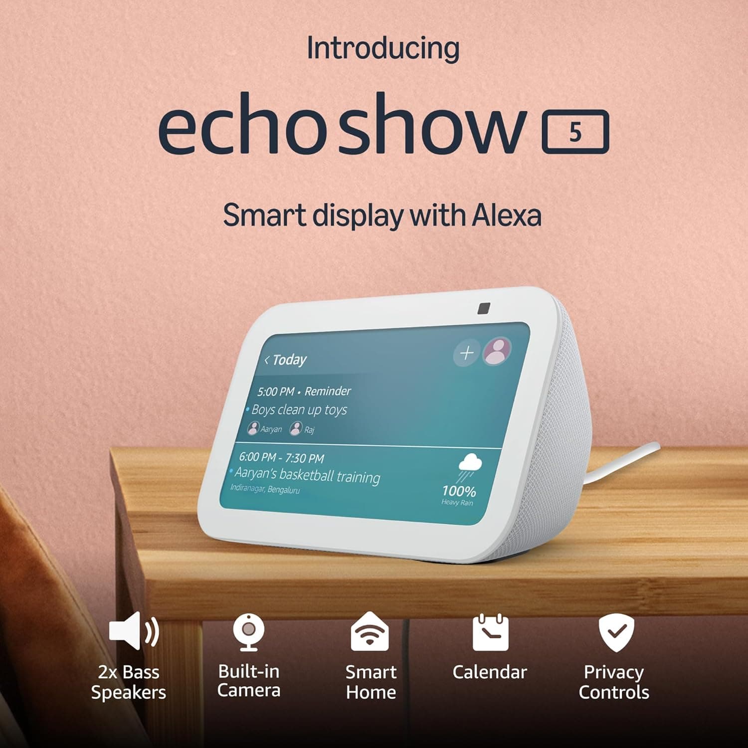 Amazon Echo Show 5 (latest model) | Smart display with Alexa, 2x bass speaker, clearer sound, camera for home monitoring, bluetooth | White